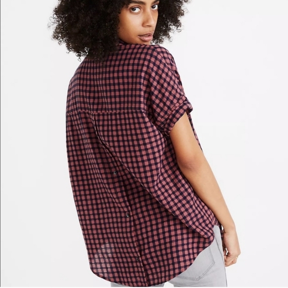 Madewell corrier  button back short sleeve plaid top blouse size M AJ989 - Picture 2 of 11